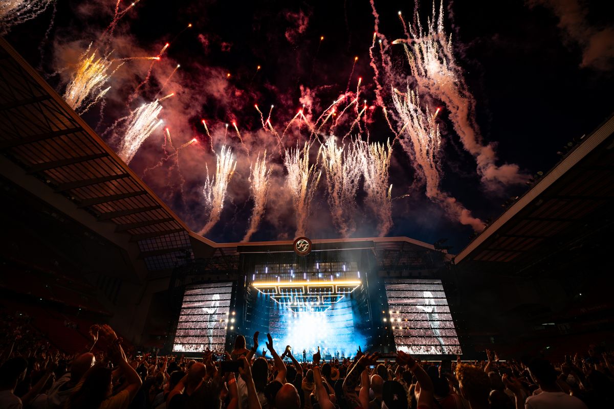 Fireworks light up the night sky at the end of Foo Fighters Liverpool gig on Thursday June 25