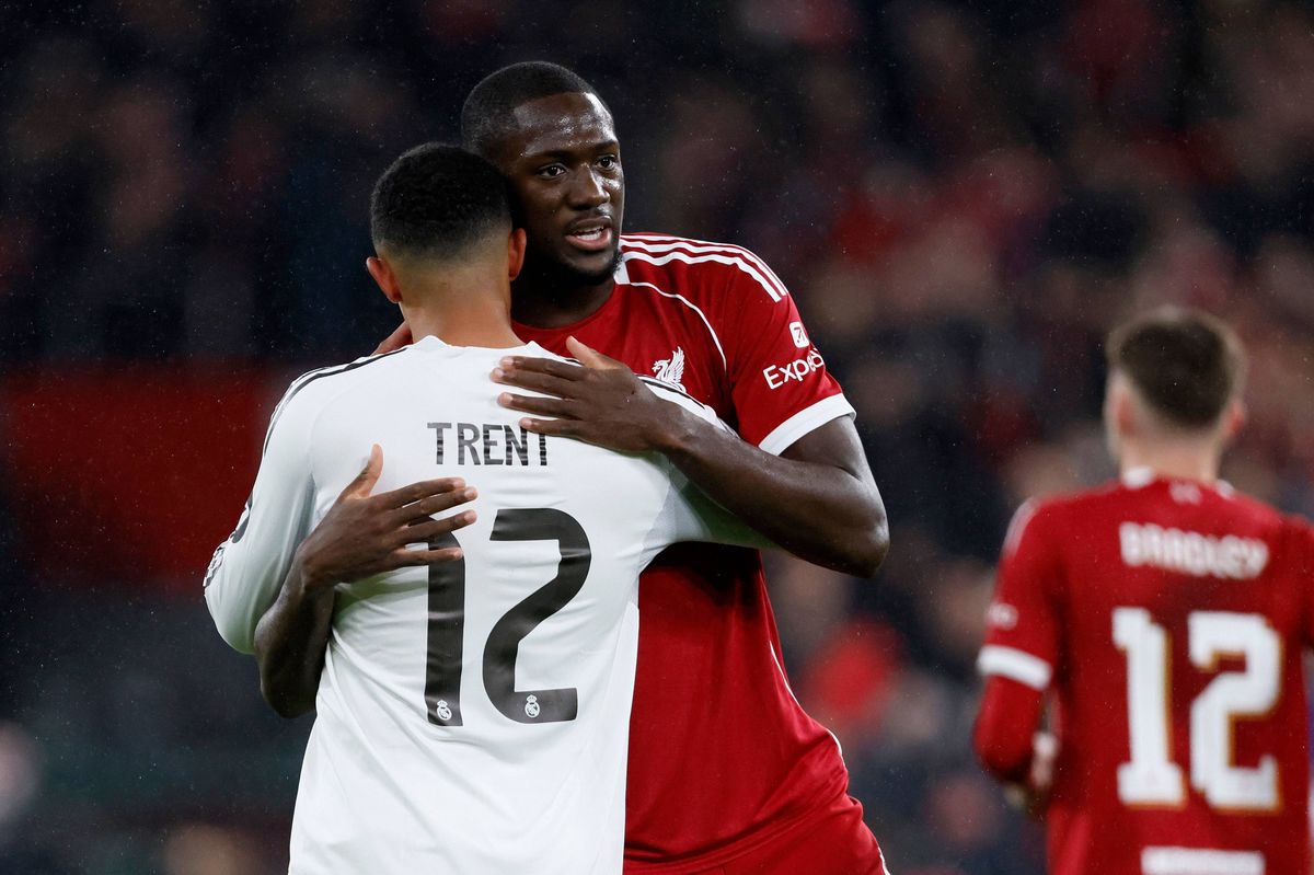LIVERPOOL, ENGLAND - NOVEMBER 4: Ibrahima Konate of Liverpool and Trent Alexander-Arnold of Real Madrid CF on the pitch after the UEFA Champions League 2025/26 League Phase MD4 match between Liverpool FC and Real Madrid C.F. at Anfield on November 4, 2025 in Liverpool, England. (Photo by Richard Sellers/Sportsphoto/Allstar via Getty Images)