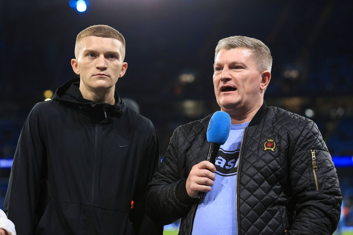 Former boxer Ricky Hatton and his son Campbell Hatton during the UEFA Champions League 2024/25 League Phase MD3 match between Manchester City and AC Sparta Praha at City of Manchester Stadium on October 23, 2024 in Manchester, England.