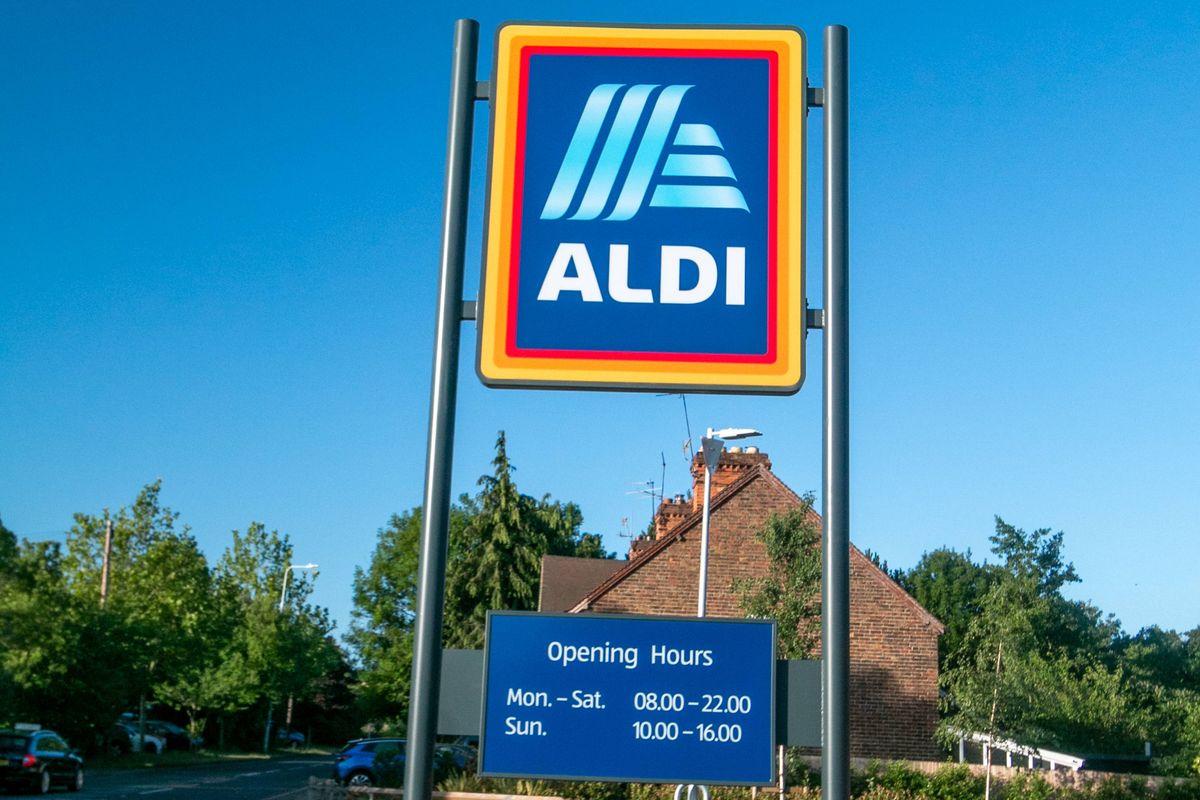Aldi Supermarket on Otford Road in Sevenoaks at Kent, England, with a commercial sign visible.