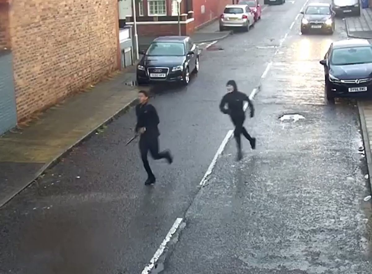 Richards armed with a knife is followed by Ryan Cashin