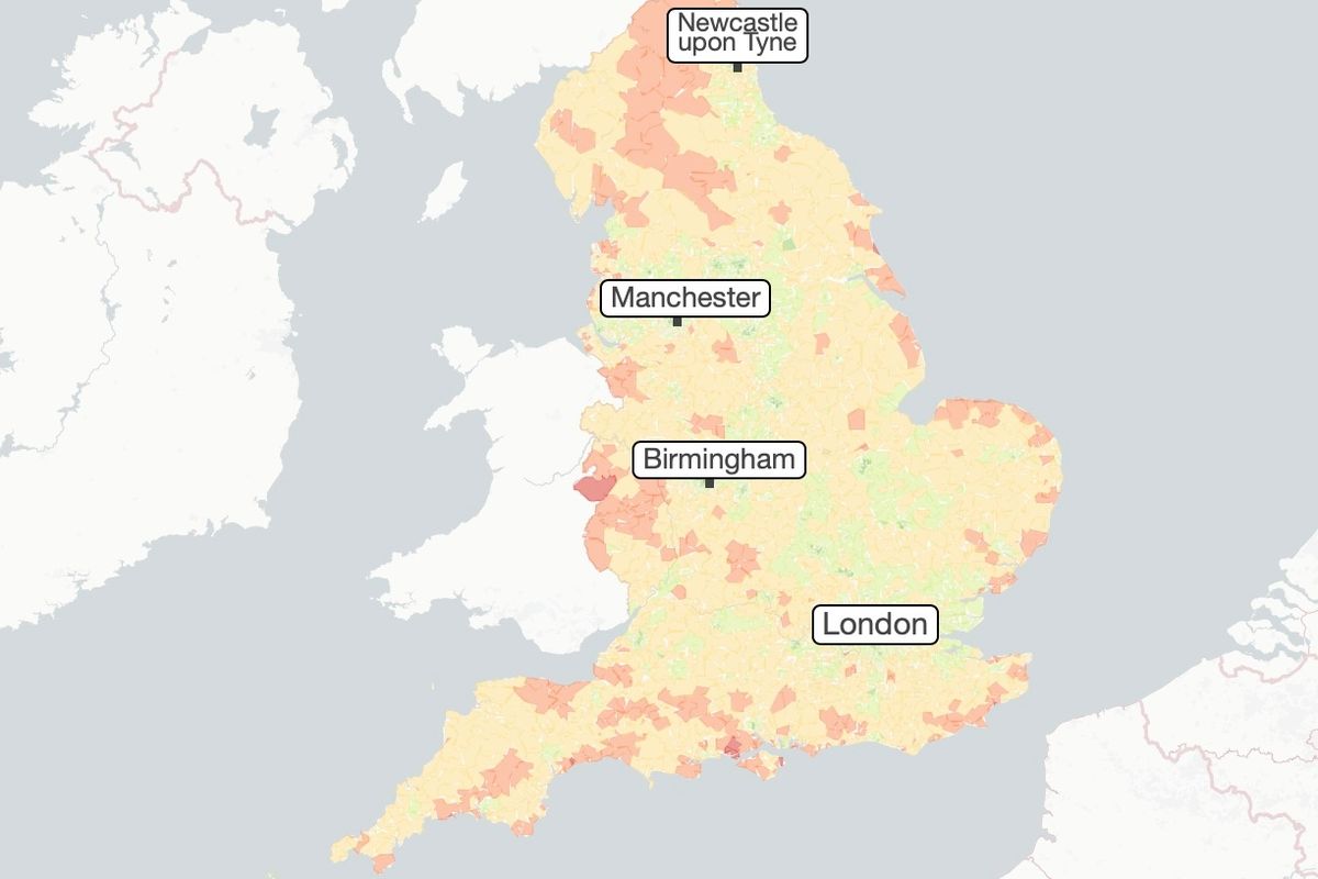 A map showing cancer instances in England