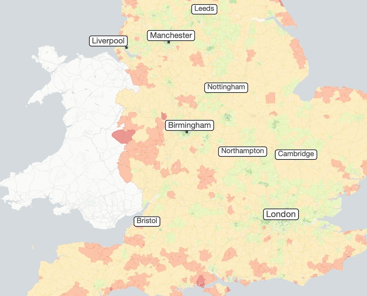 A map showing cancer rates in the England