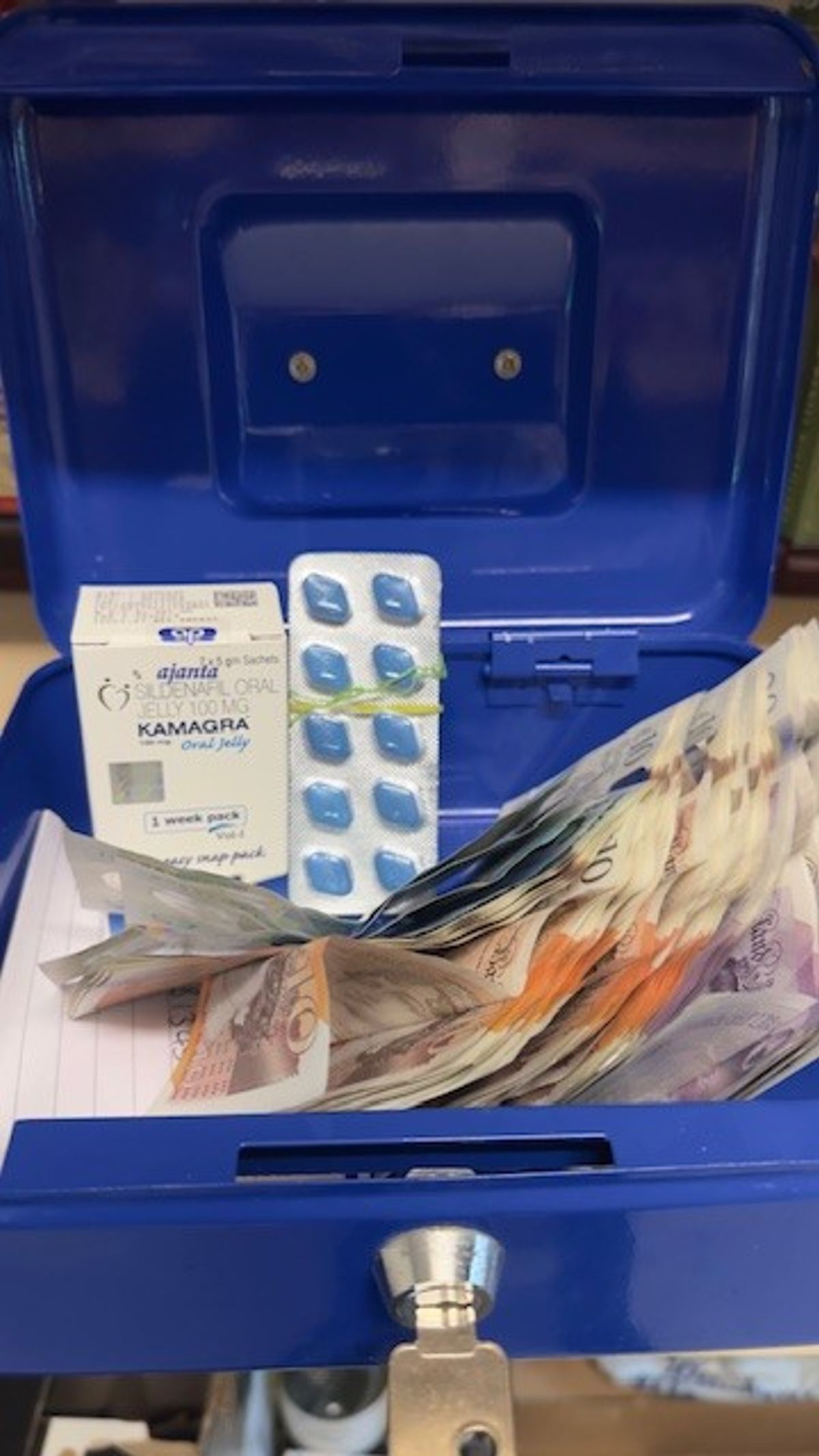 A cash box was found with male enhancement tablets in it at Shizy's (Liverpool Council)