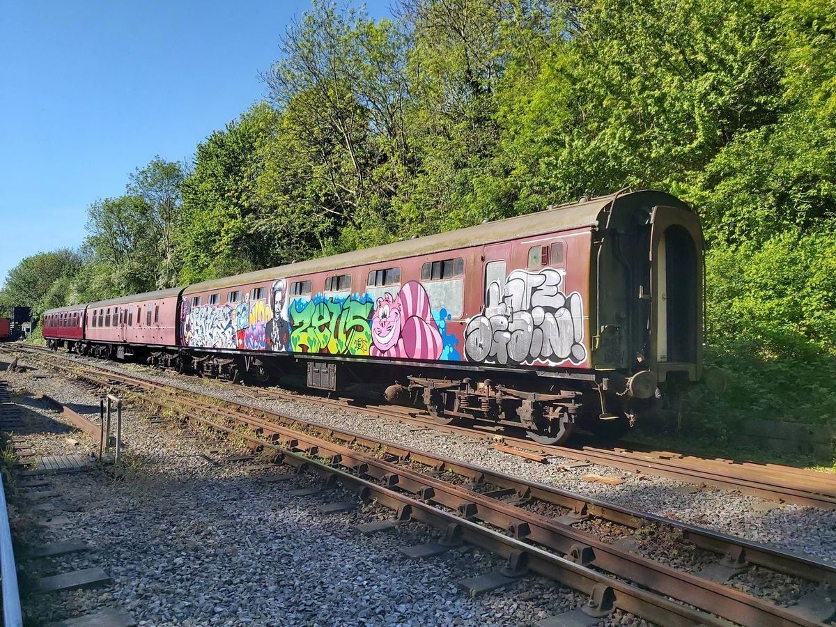 Bristol street artists Inkie, Cheo and Jody have been commissioned to decorate a heritage railway carriage in the style of the 1980s, at Avon Valley Railway in Bitton.
