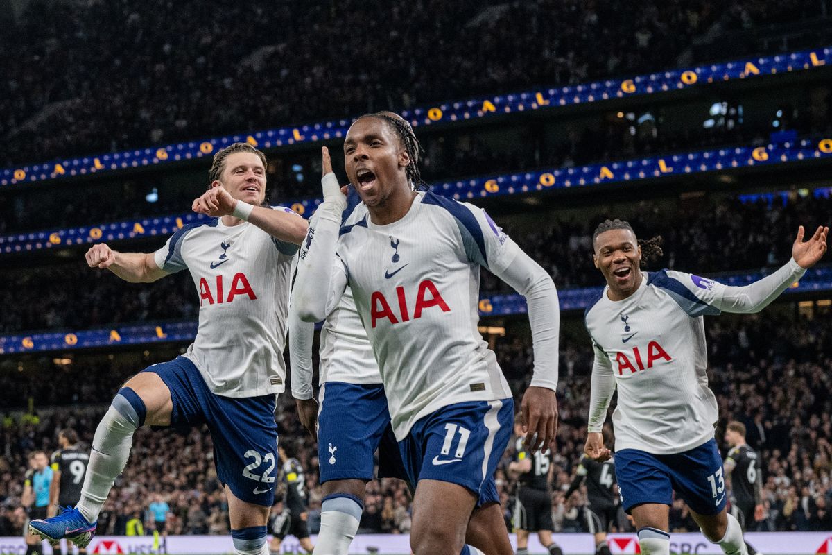 Mathys Tel celebrates during the Premier League match between Tottenham Hotspur and Leeds United.