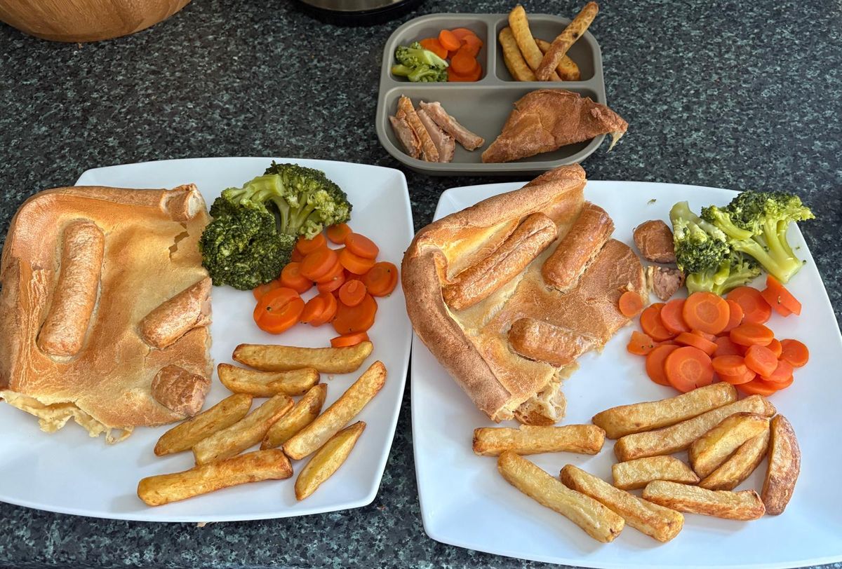 Toad in the hole made with Richmond sausages, Aunt Bessie's skin on fries, broccoli and carrots from Iceland