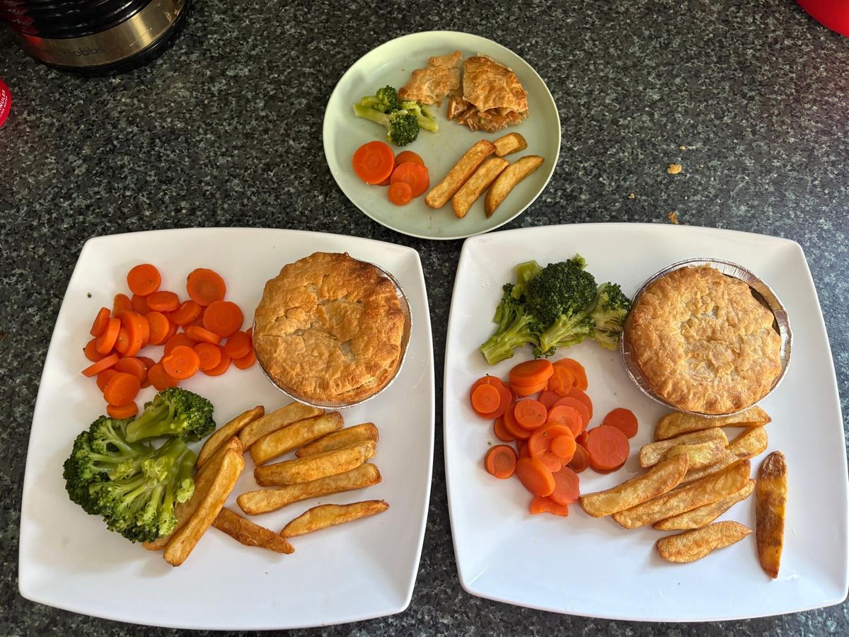 Chicken Pukka Pie with Aunt Bessie's skin on fries, frozen carrots and broccoli from Iceland