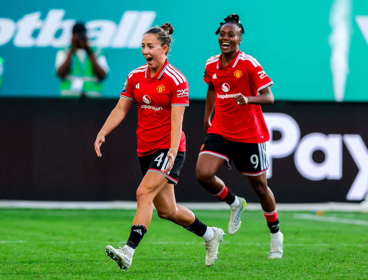 Maya Le Tissier celebrates scoring during the World Sevens Football match between Manchester United and Tottenham Hotspur