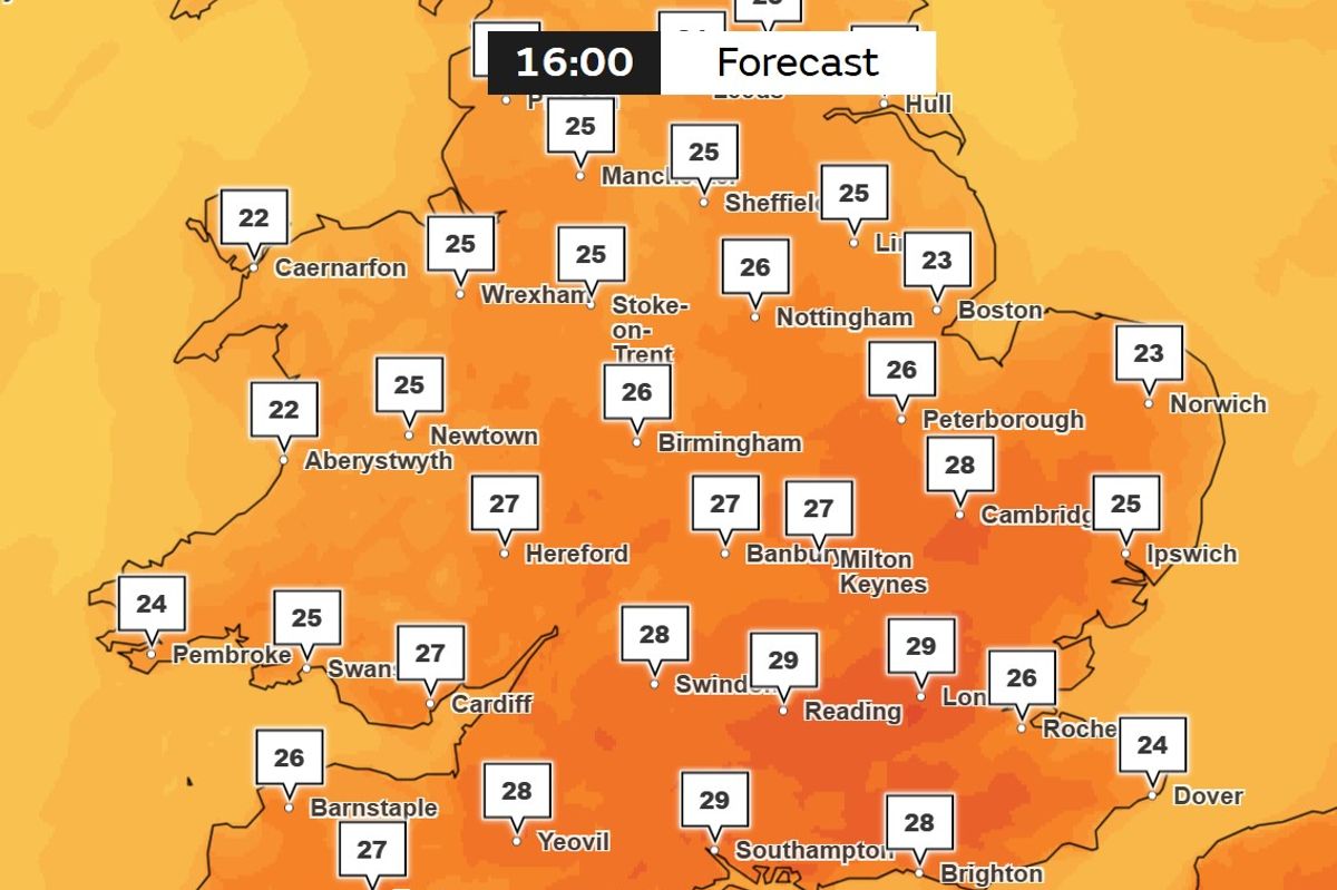 Temperature maps show highs of 29C in England on Sunday, June 21