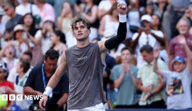 Jack Draper of the United Kingdom reacts to match point.
