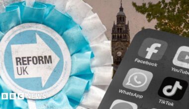 A composite image of a Reform UK rosette - with a iPhone screen showing social media app. Sheffield Town Hall is in the background.