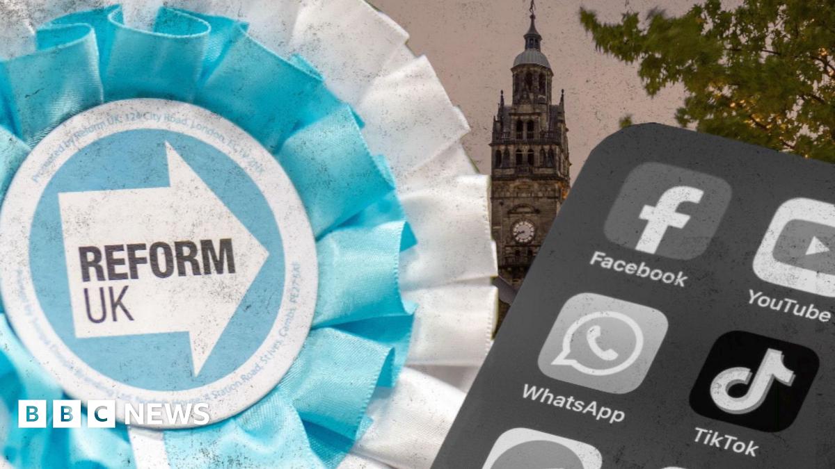 A composite image of a Reform UK rosette - with a iPhone screen showing social media app. Sheffield Town Hall is in the background.