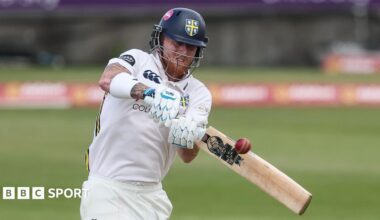 Ben Stokes, wearing a Durham batting helmet, plays a shot