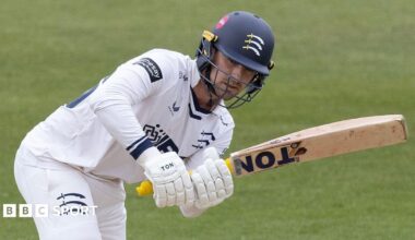 Leus du Plooy plays a shot for Middlesex against Northamptonshire at the County Ground in April 2026.