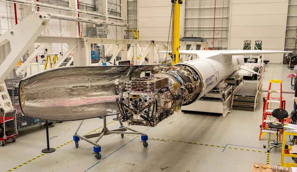 Katalyst Space’s LINK robotic servicing satellite awaits encapsulation inside a Northrop Grumman Pegasus XL on June 8, 2026, at NASA’s Wallops Flight Facility in Virginia. The rocket will carry LINK to space for an attempted orbital boost of NASA’s Neil Gehrels Swift Observatory.