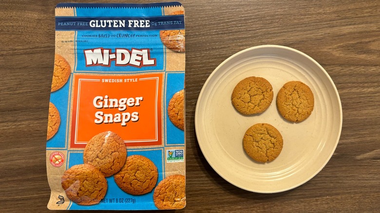 Mi-Del Gluten Free Ginger Snaps bag and gluten-free cookies on brown plate.