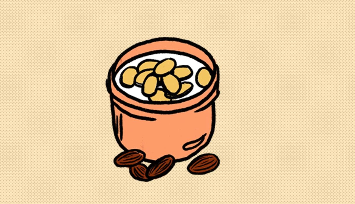 Stylized illustration of a small orange bowl filled with Greek yogurt and topped with nuts, with a few almonds scattered at the base.