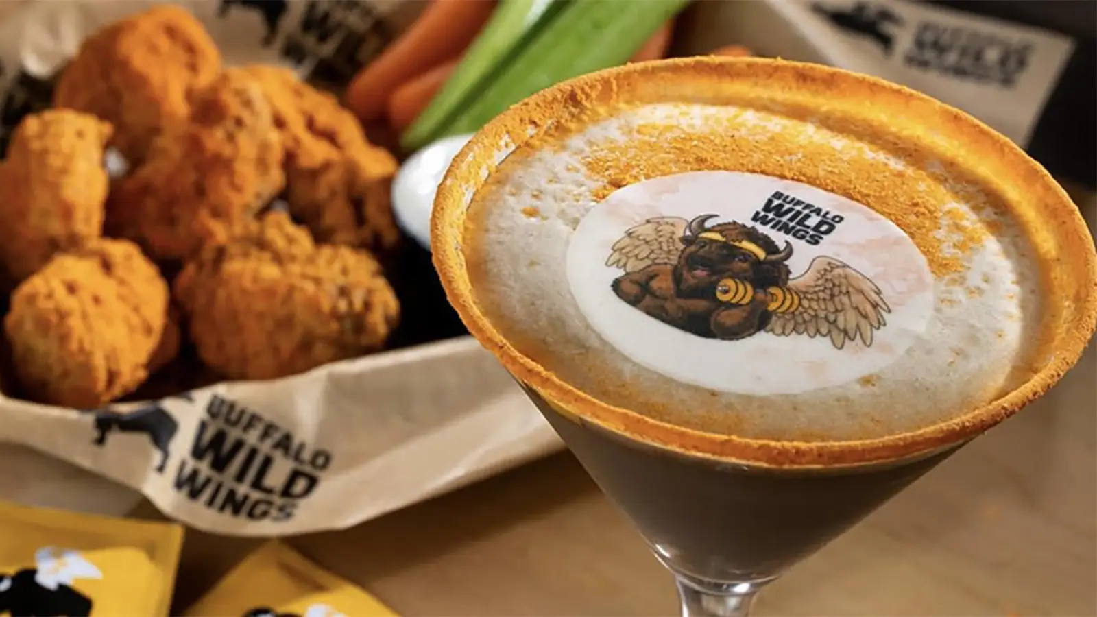 An advertisement for the Buffalo Wild Wings Espresso Proteini beverage.