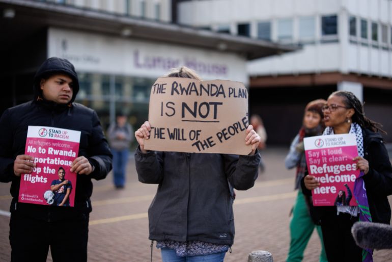 Campaigners protest against the British government's Rwanda deportation scheme outside a Home Office immigration reporting center in Croydon, south London, Britain, 29 April 2024. [Tolga Akmen/EPA]