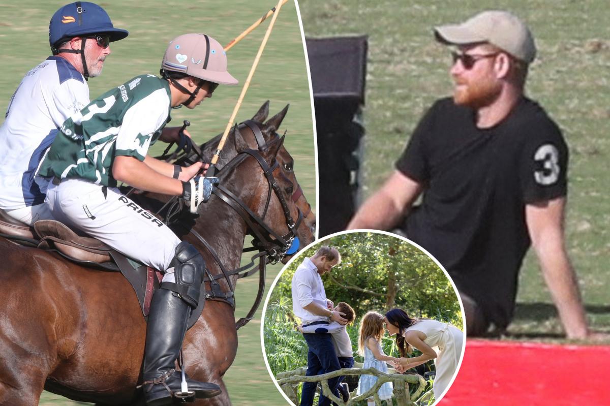 Prince Harry goes casual at polo match as Meghan Markle and kids stay home