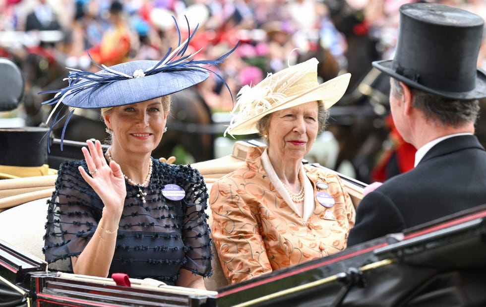Royal Ascot 2026: Day 3 - Royalty ascot, england june 18: sophie, duchess of edinburgh and princess anne, princess royal smile and wave as they attend day three of royal ascot 2026 at ascot racecourse on june 18, 2026 in ascot, england. (photo by samir hussein/wireimage)