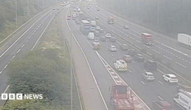 A traffic cam showing a motorway at a junction. The road is lined with thick woodland. On the left, a slip road joins the main motorway which is heavy with traffic moving away from the camera. The other side of the central reservation contains lighter traffic and a white lorry is leaving via a slip road which disappears from view.