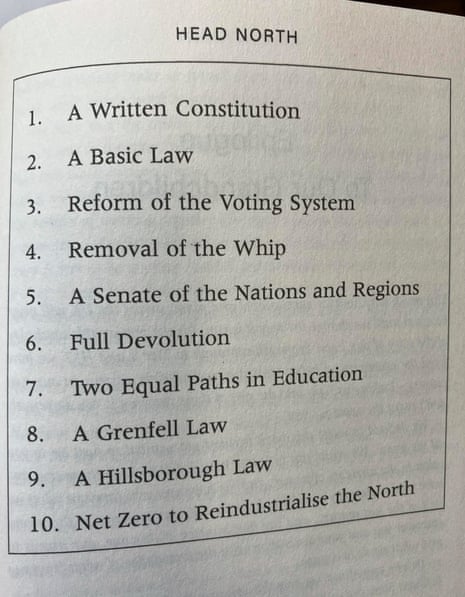 The Burnham/Rotheram 10-point plan includes: 1) a written constitution; 2) a basic law; 3) reform of the voting system; 4) removal of the whip; 5) a senate of the nations and regions; 6) full devolution; 7) two equal paths in education; 8) a grenfell law; 9) a hillsborough law; 10) net zero to reindustrialise the north.