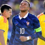 LANDOVER, MD - MARCH 29: France forward Kylian Mbappe (10) smiles after a shot on goal late in the game during the France versus Colombia Road to '26 international soccer friendly on March 29, 2026 at Northwest Stadium in Landover, MD. (Photo by Randy Litzinger/Icon Sportswire via Getty Images)