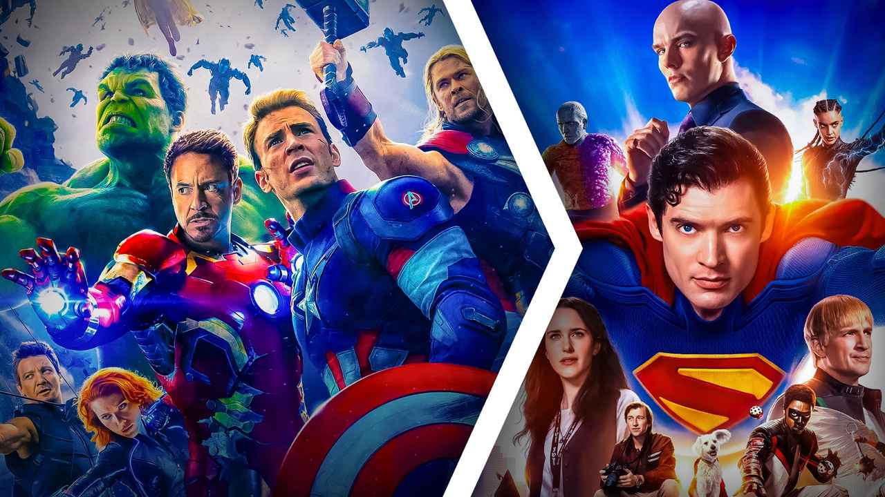 The Avengers and Superman characters side by side.