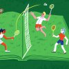An illustration of four badminton players playing on a grassy court that is shaped like an open book.