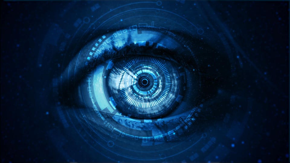 Futuristic digital interface displayed over a human eye, representing artificial intelligence and emerging technologies.