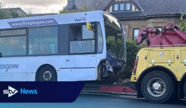 Four passengers injured after bus crashes into garden in Clydebank