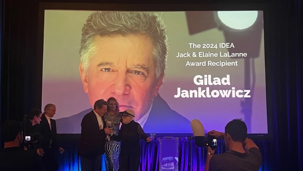 Gilad Janklowicz receives the Jack and Elaine LaLanne Inspirational Achievement Award at the IDEA World Fitness Convention in Los Angeles, where he was honored for decades of inspiring healthier lives, July 12, 2024. Credit: JLTV.