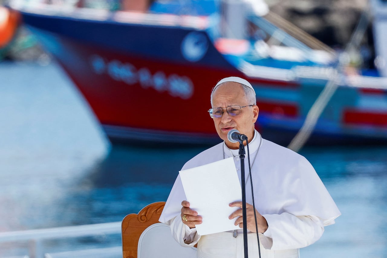 Pope Leo XIV speaks during a meeting with organizations working with migrants at the Port of Arguineguin, during his apostolic journey on the island of Gran Canaria, Spain June 11, 2026.