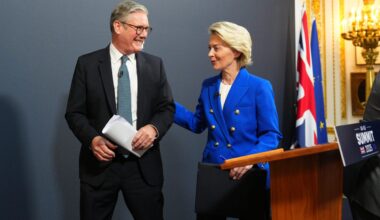 Keir Starmer and Ursula von der Leyen in discussion at a political summit meeting, emphasizing UK-EU relations.