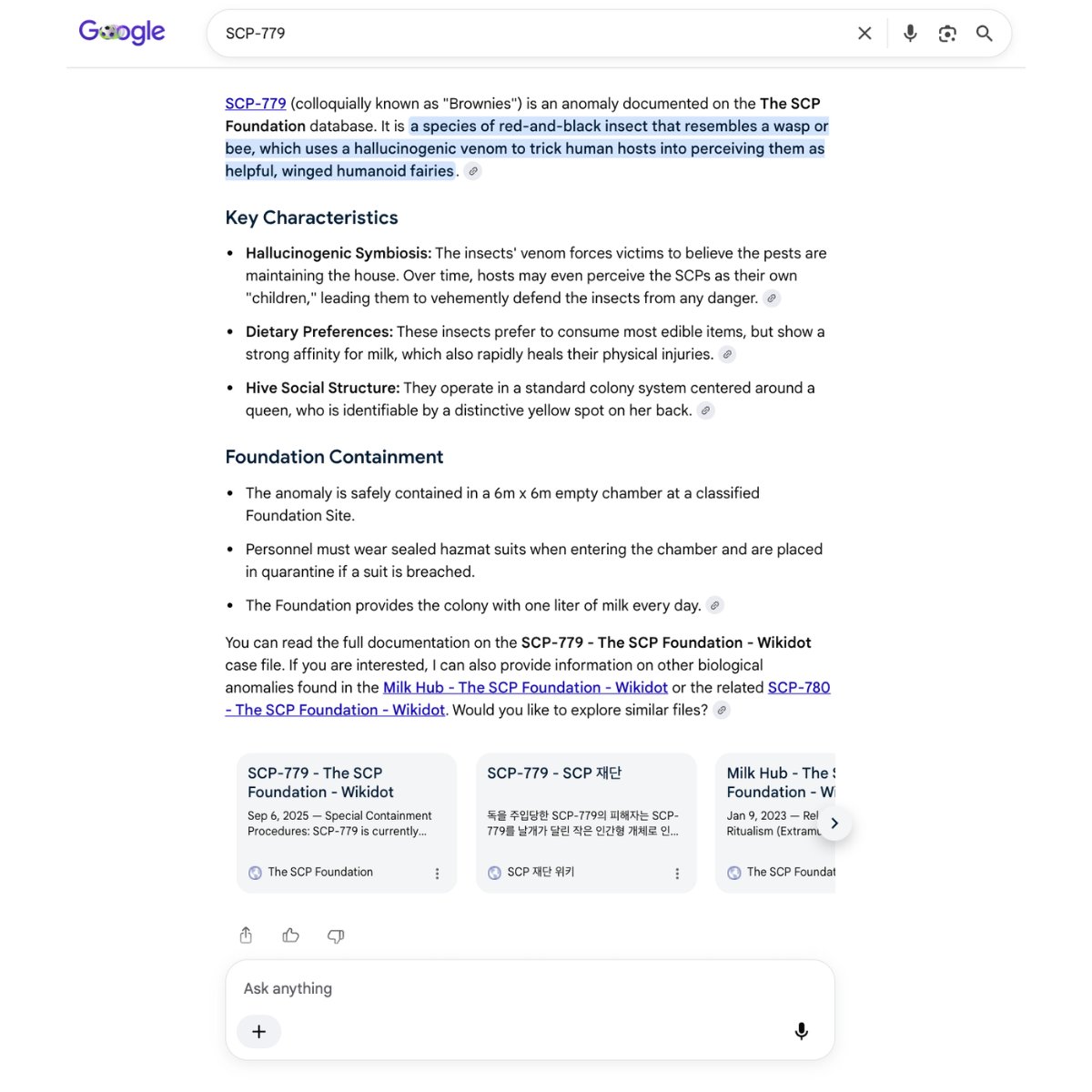 A Google AI Overview for "SCP-779," known as "Brownies"
