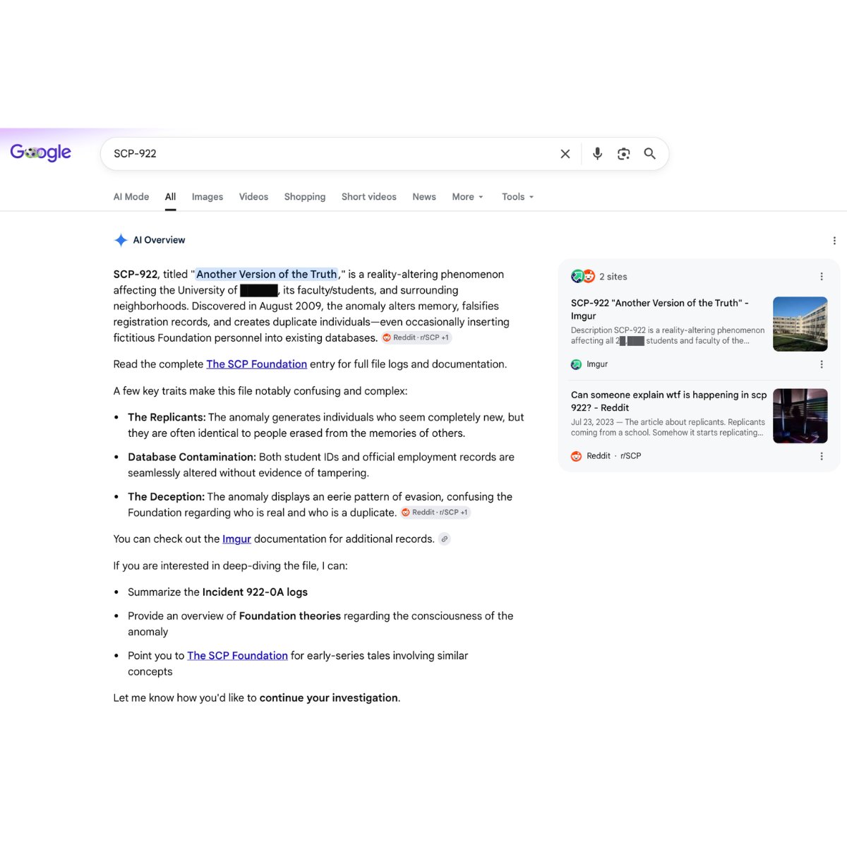 A Google AI Overview for "SCP-922," known as "Another Version of the Truth"