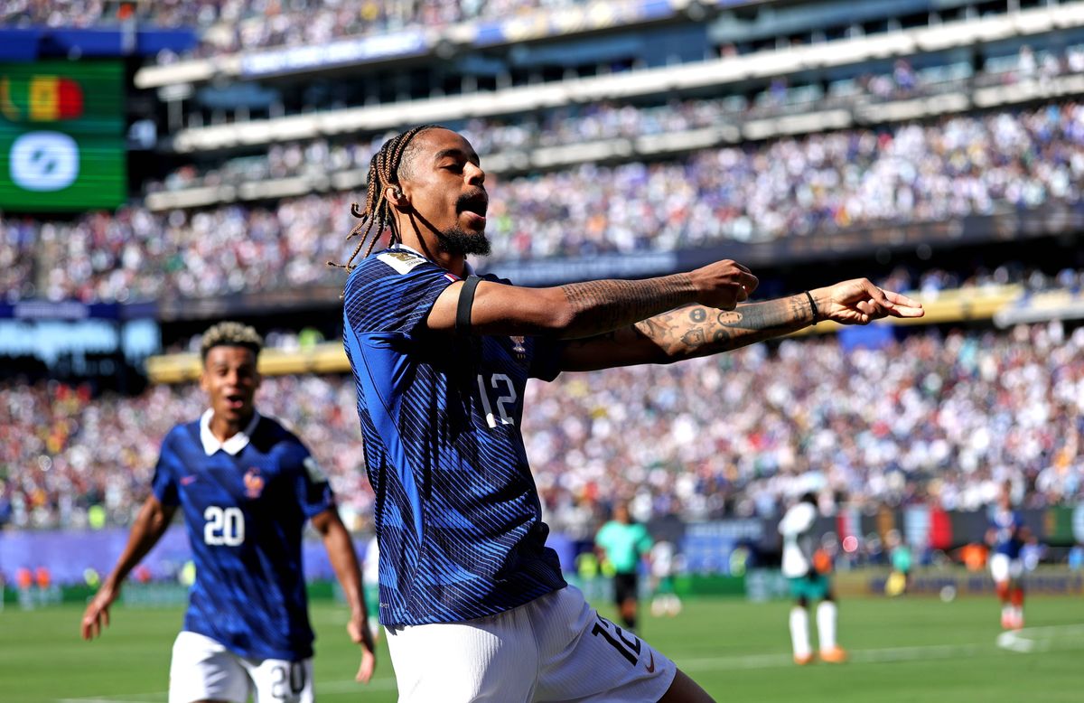 EAST RUTHERFORD, NEW JERSEY - JUNE 16: Bradley Barcola #12 of France celebrates scoring his team's second goal during the FIFA World Cup 2026 Group I match between France and Senegal at New York New Jersey Stadium on June 16, 2026 in East Rutherford, New Jersey. (Photo by Dan Mullan/Getty Images)