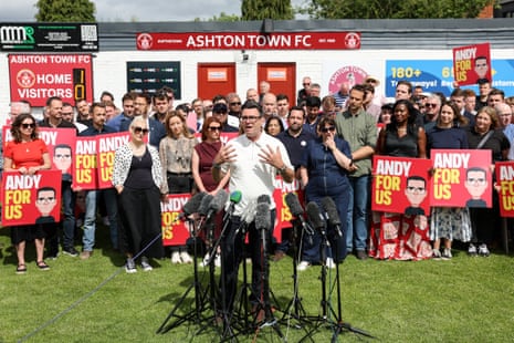 Andy Burnham addresing a victory rally at the Bartons Group Stadium in Ashton-in-Makerfield.