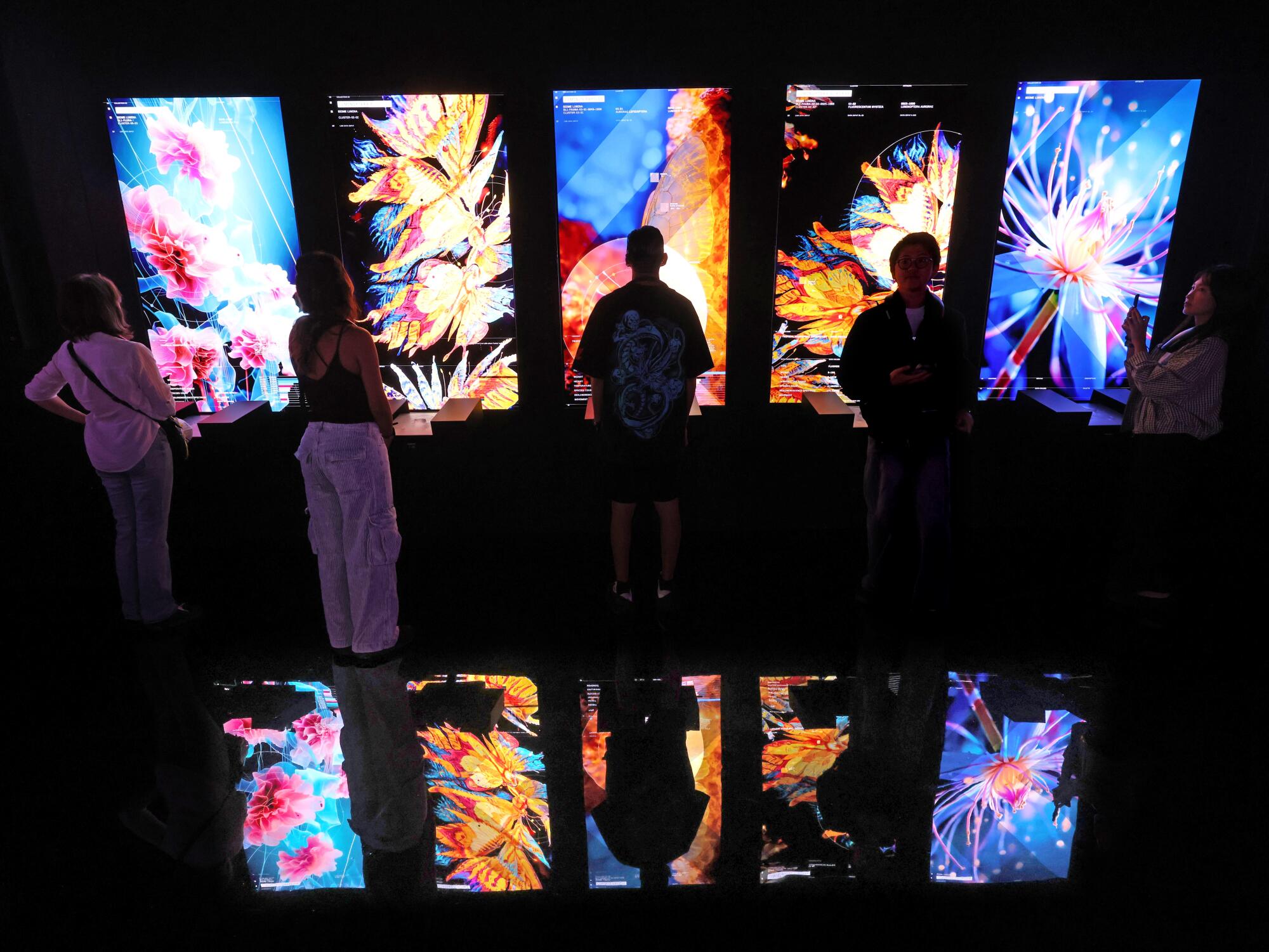 Visitors look at a row of lighted screens on a wall