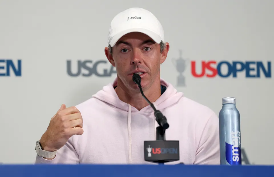 Rory McIlroy speaks to reporters at a press conference at the US Open