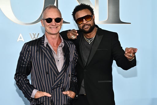 Sting, left, and Shaggy arrive at the 79th Tony Awards on Sunday, June 7, 2026, at Radio City Music Hall in New York