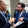 Representative Mike Lawler (right), R-N.Y., confronts House Minority Leader Hakeem Jeffries, D-N.Y., about signing on to a bill that would extend Affordable Care Act tax credits, on October 8.
