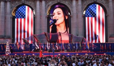 Kash Patel’s girlfriend falls victim to ‘huge’ on-stage glitch while singing the National Anthem at July 4 celebration