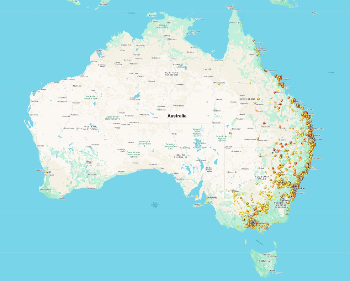 a map of australia with yellow and red tags throughout the eastern states