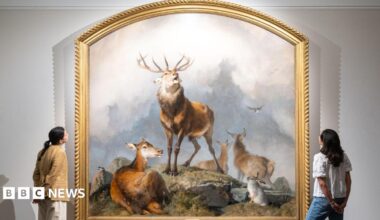 Scene in Braemar painting featuring a twelve point stag on a Highland peak