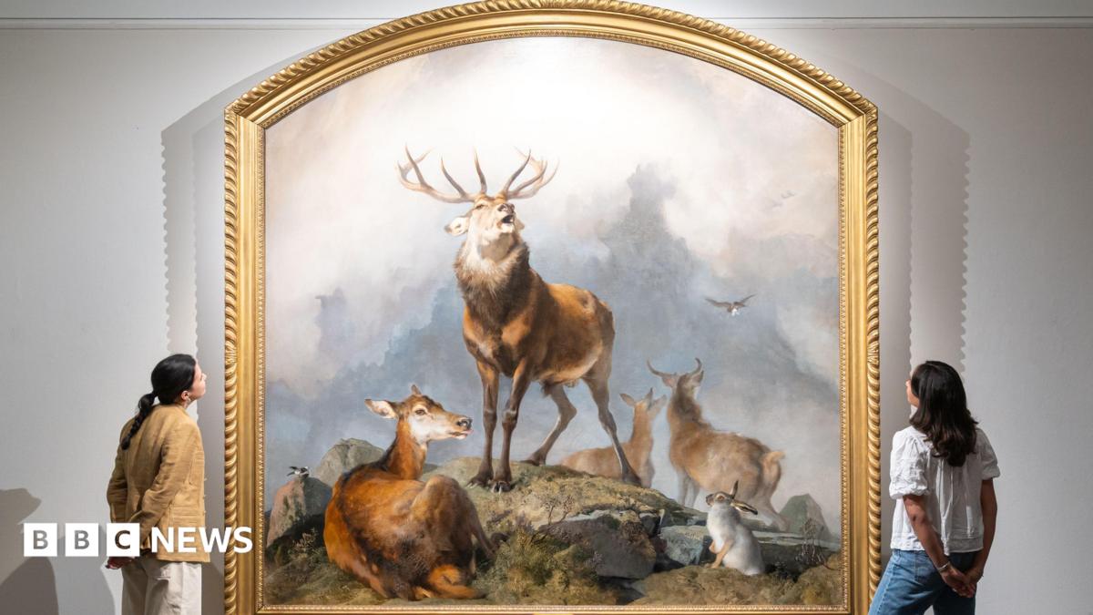 Scene in Braemar painting featuring a twelve point stag on a Highland peak