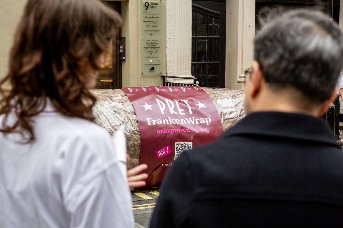 The fake giant wrap outside the Oxford circus store front