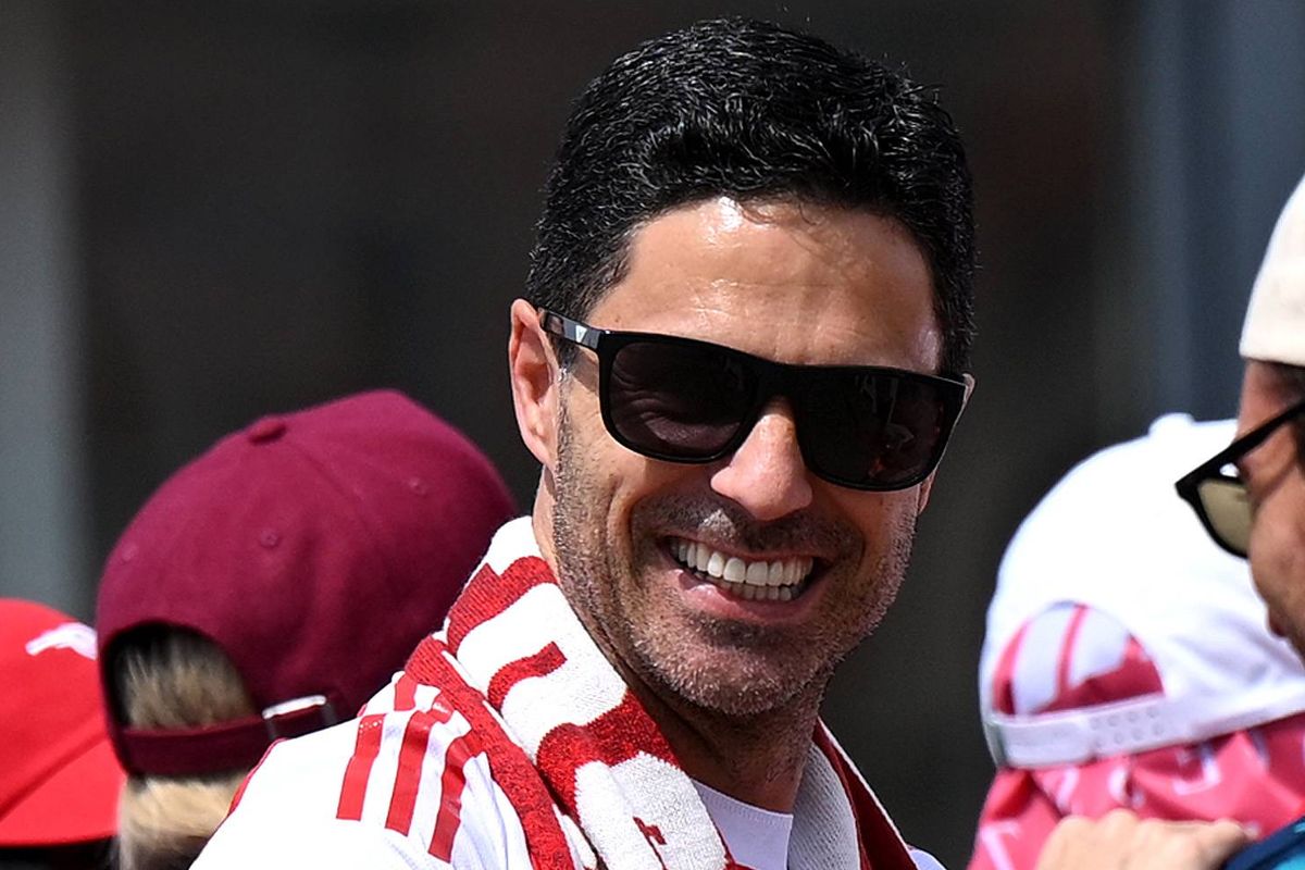 Mikel Arteta, Manager of Arsenal, reacts on the open top bus during the Arsenal Trophy Parade
